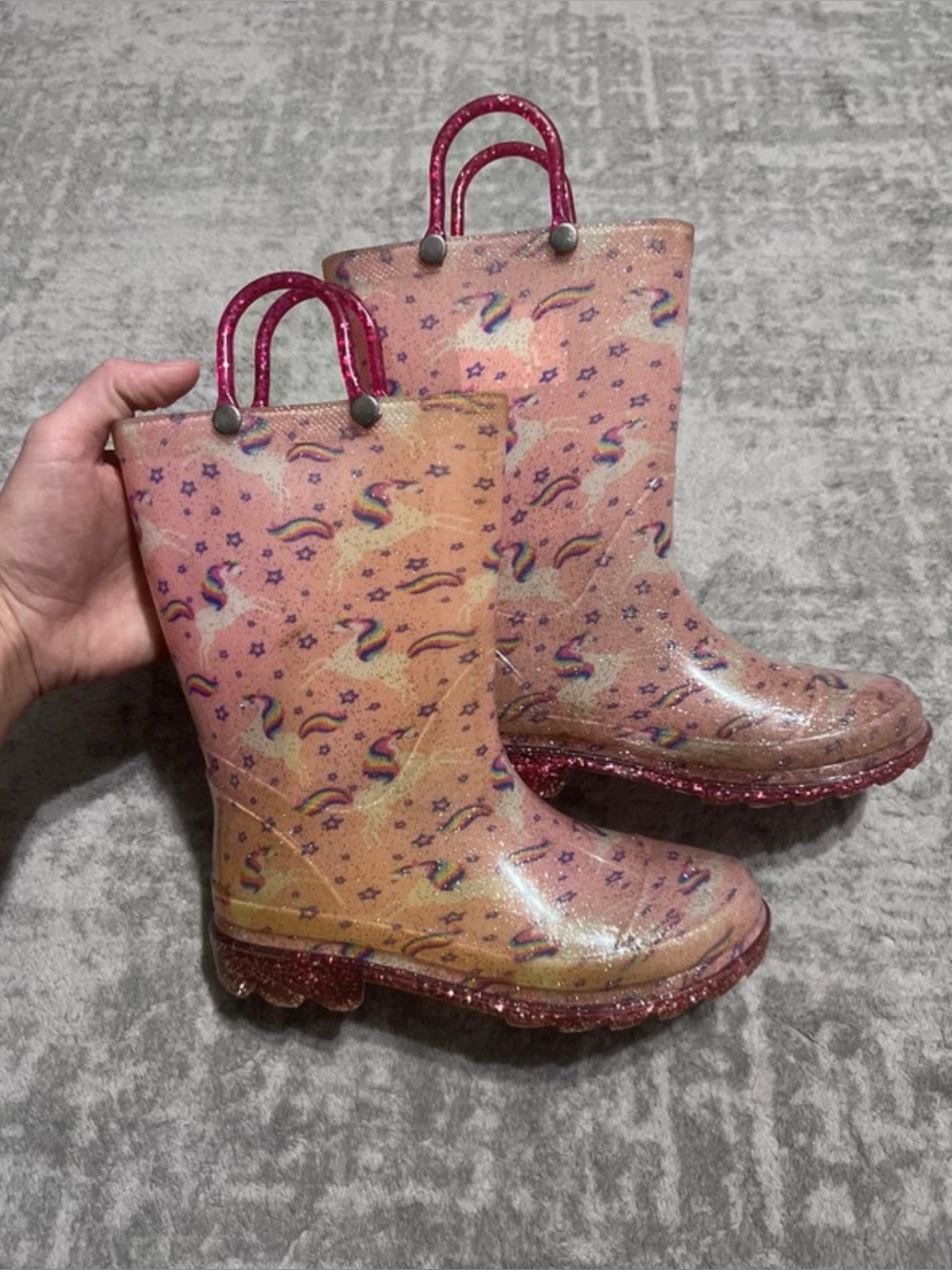 🔥4/20! Girls pink unicorn rain boots. Size 11/12